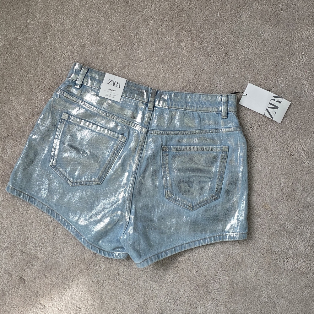 Zara Metallic Light Blue Denim Shorts Skort - Picture 4 of 6